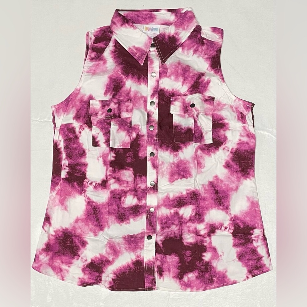 Lularoe Woman’s Roxanne Pink Tie-Dye Collared Sleeveless Top Plus Size 3XL New